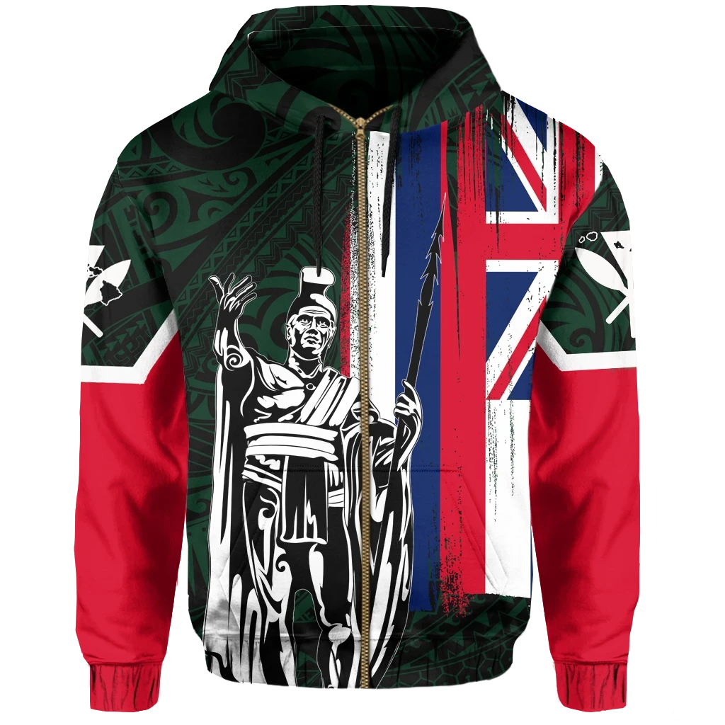 Polynesian Pride Clothing Zip Hoodie Hawaii King Flag Polynesian Green - Polynesian Pride