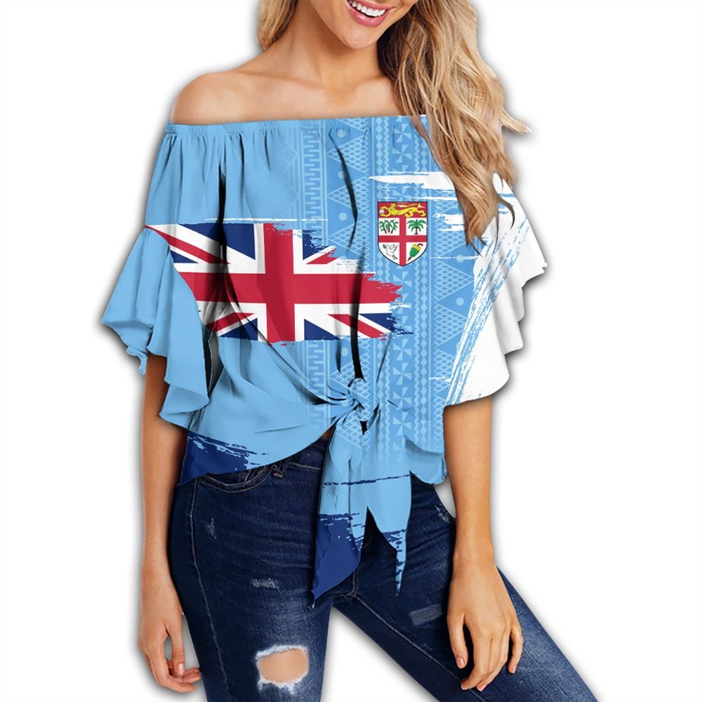 Polynesian Pride (Customize) Fiji Clothing - Fijian Flag Sport Style Off Shoulder Wrap Waist Top Women Blue - Polynesian Pride