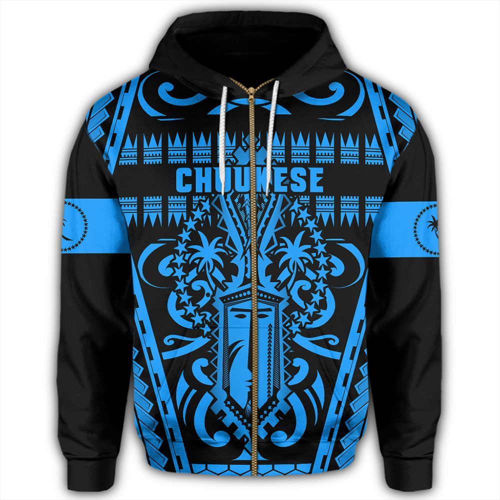 Polynesian Pride Hoodie Chuuk Hoodie Chuukese Mask Zip Hoodie Unisex Blue - Polynesian Pride