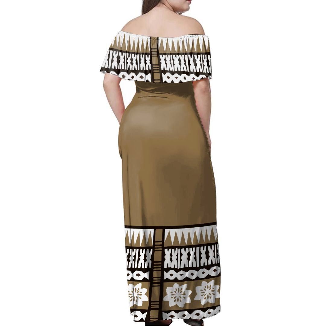 NE Fiji Bula Dress - Ethnic Tree Off Shoulder Long Dress - Polynesian Pride