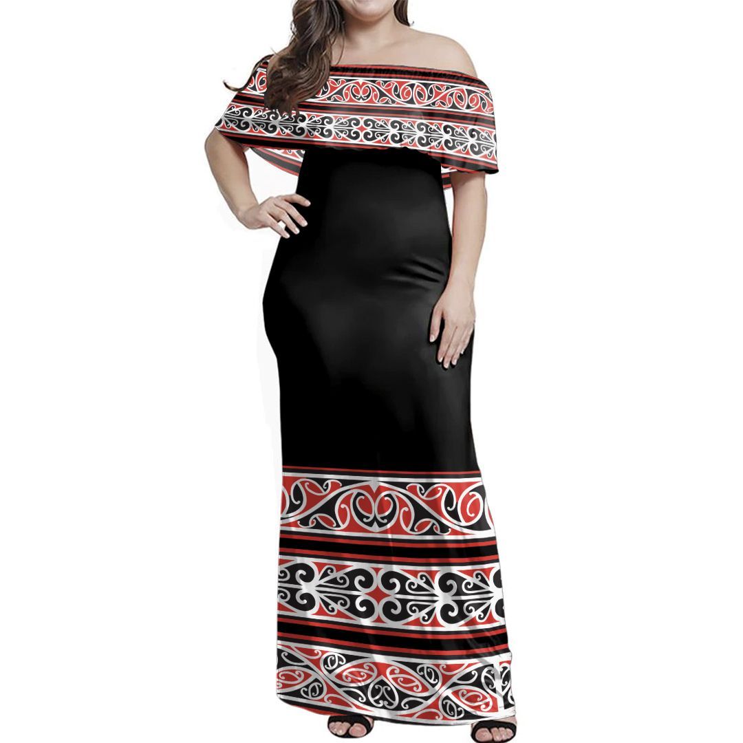 NE Maori Dress - Koru Lines Off Shoulder Long Dress Long Dress Black - Polynesian Pride