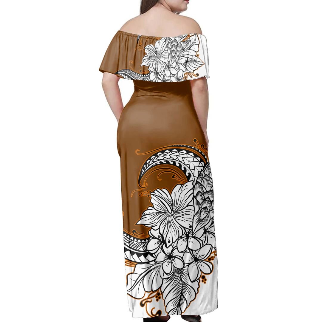 Polynesian Pride Dress - Hibiscus Plumeria Polynesian Brown Off Shoulder Long Dress Long Dress Brown - Polynesian Pride