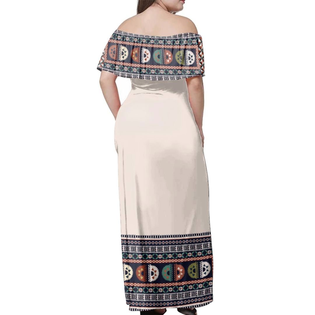 NE Fiji Bula Dress - Fiji Tapa Tribal Beige Off Shoulder Long Dress - Polynesian Pride