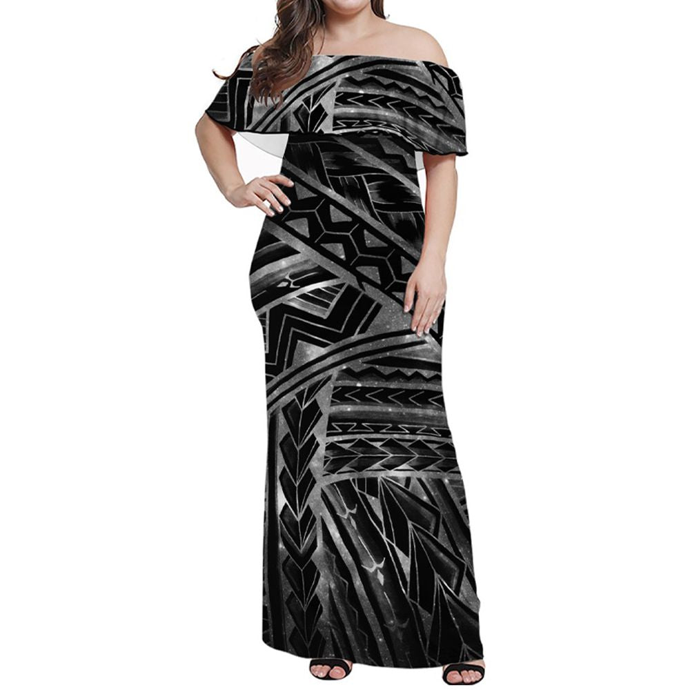 Polynesian Pride Dress - Polynesian Spearhead White Galaxy Off Shoulder Long Dress Long Dress White - Polynesian Pride