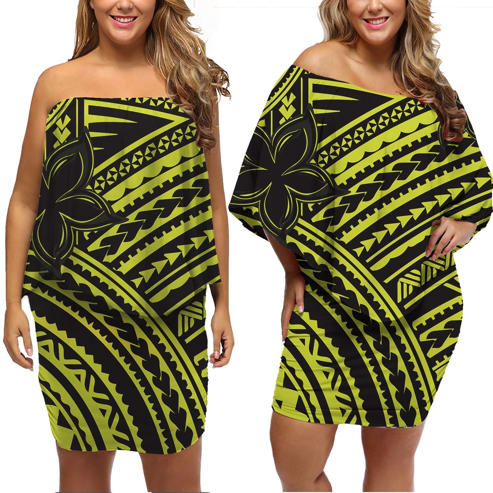 Polynesian Pride Dress - Plumeria Polynesian Yellow Ami Style Off Shoulder Short Dress Women Yellow - Polynesian Pride