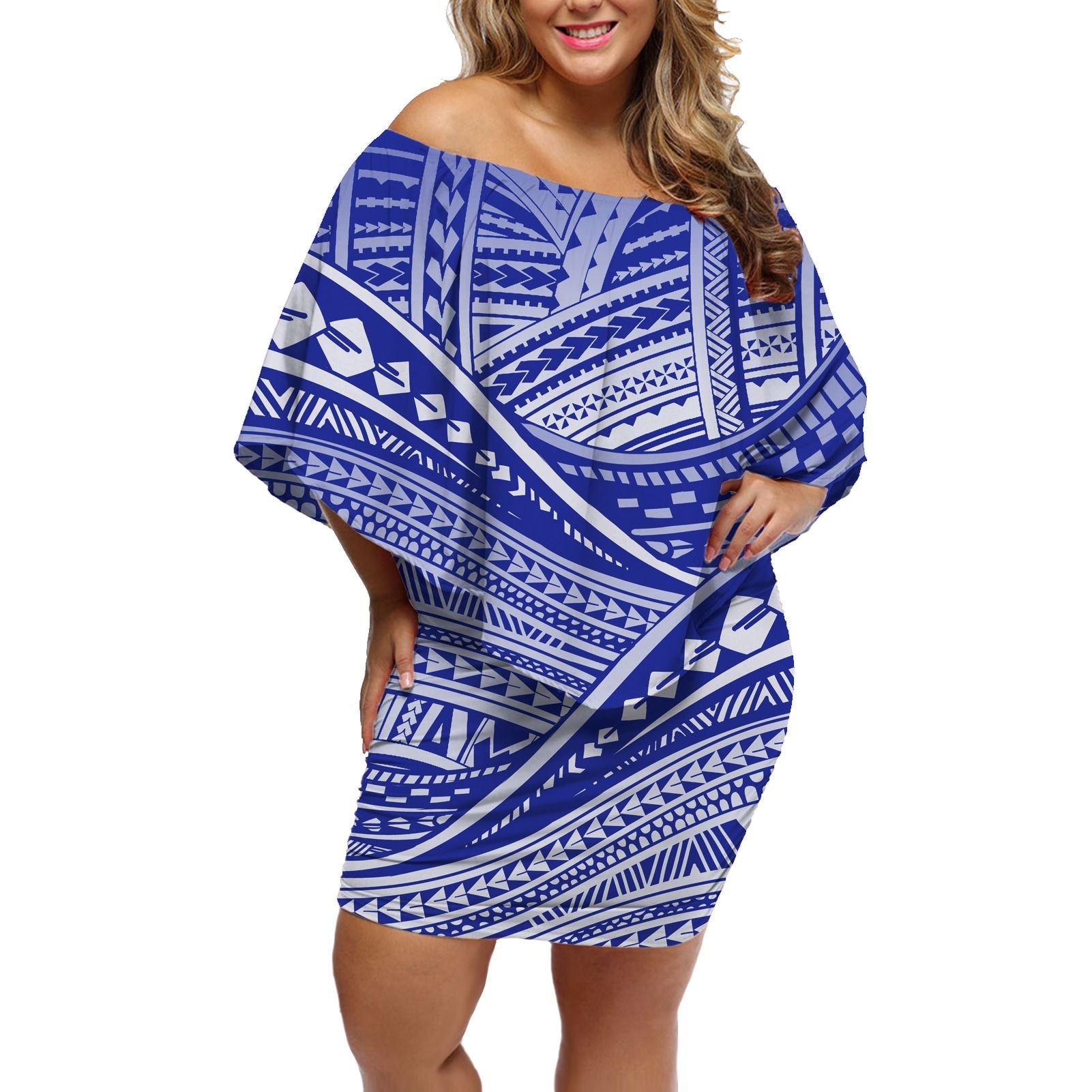 Polynesian Pride Dress - Tribal Polynesian Tapa Kesakesa Blue Off Shoulder Short Dress Women Blue - Polynesian Pride