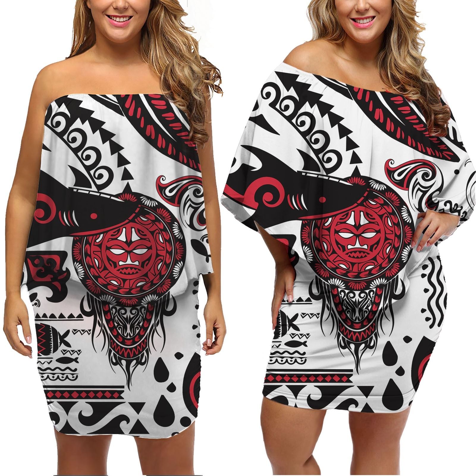 Polynesian Pride Dress - Shark Maori Face Tribal Polynesia Red Off Shoulder Short Dress Women Red - Polynesian Pride