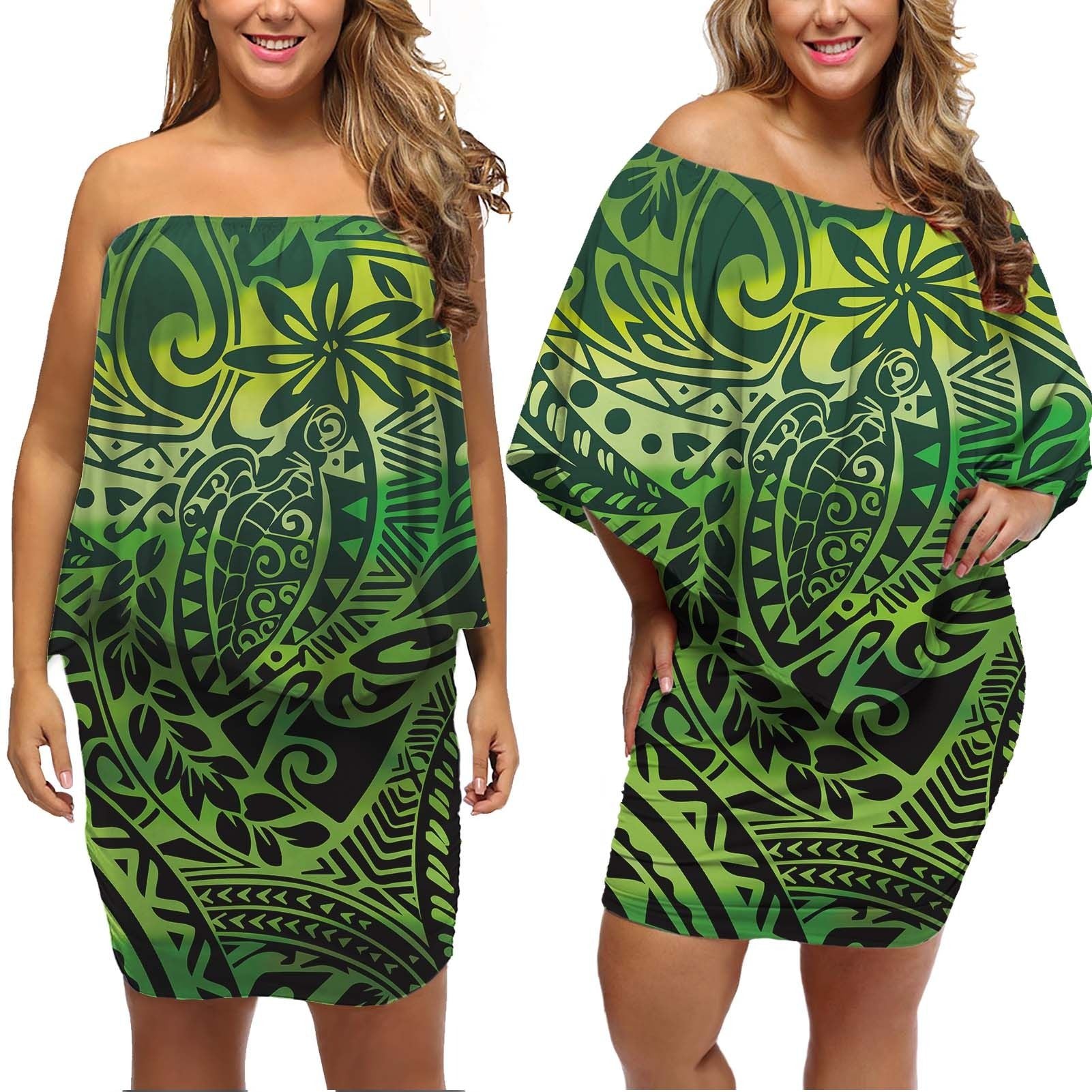 Polynesian Pride Dress - Turtle Kakau Polynesia Green Off Shoulder Short Dress Women Green - Polynesian Pride