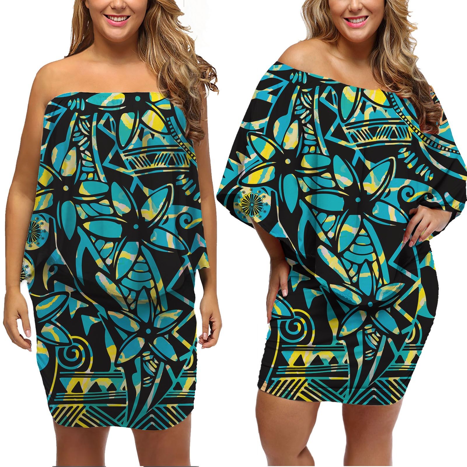 Polynesian Pride Dress - Plumeria Curve Polynesian Blue Turquoise Off Shoulder Short Dress Women Blue - Polynesian Pride