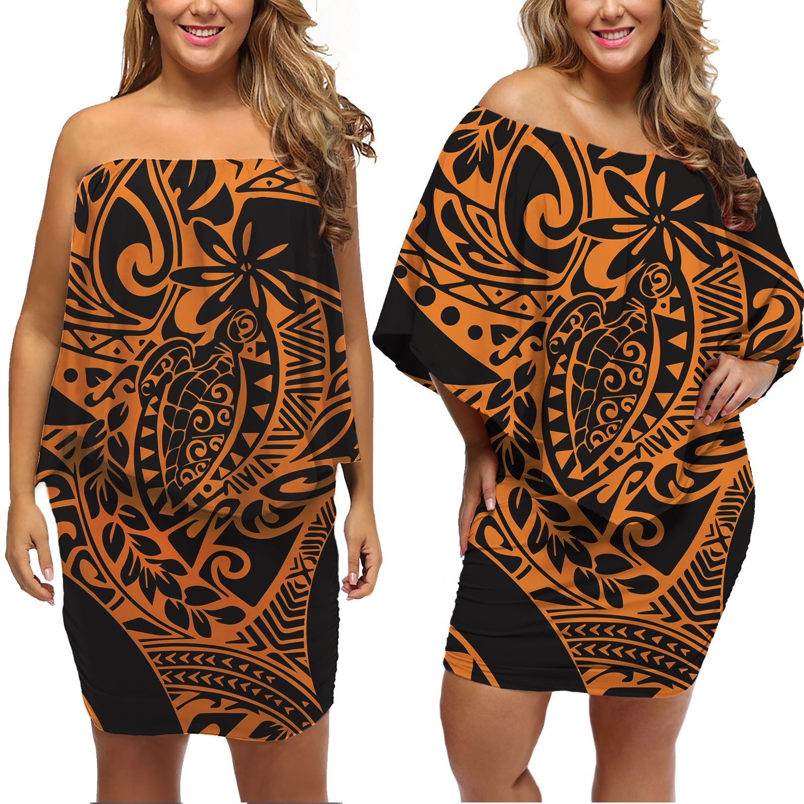 Polynesian Pride Dress - Turtle Kakau Polynesia Orange Off Shoulder Short Dress Women Orange - Polynesian Pride