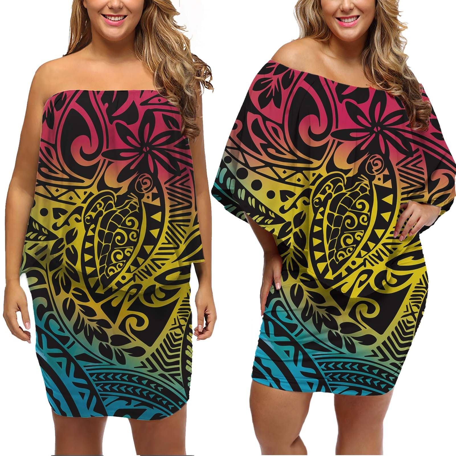 Polynesian Pride Dress - Turtle Kakau Polynesia Reggae Off Shoulder Short Dress Women Reggae - Polynesian Pride