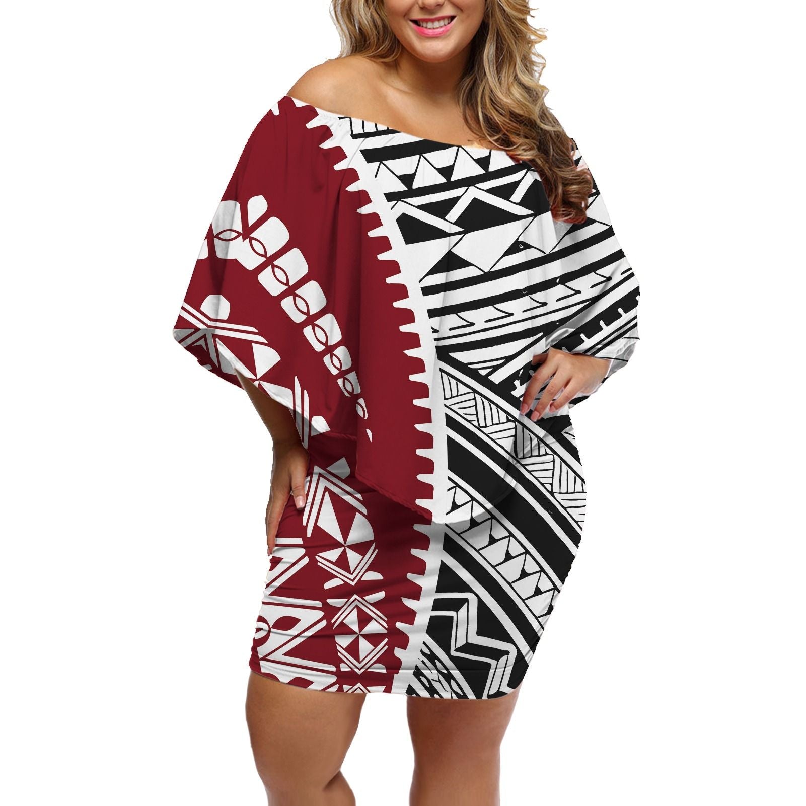 Polynesian Pride Dress - Half Masi Tapa Polynesian Off Shoulder Short Dress Women White - Polynesian Pride