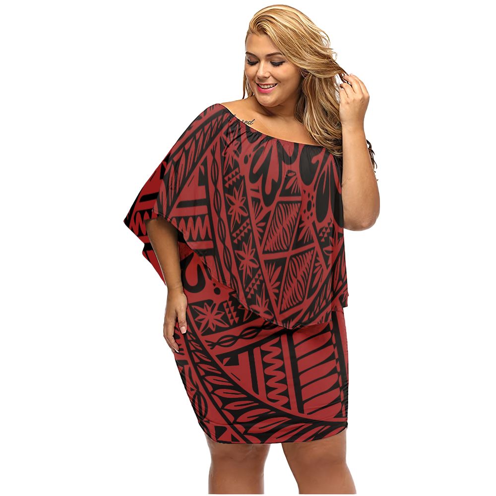 Polynesian Pride Dress - Tonga Kupesi Ngatu Off Shoulder Short Dress Women Red - Polynesian Pride