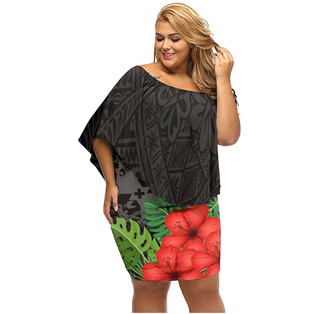 Polynesian Pride Dress - Tonga Polynesian Hibiscus Off Shoulder Short Dress Women Black - Polynesian Pride