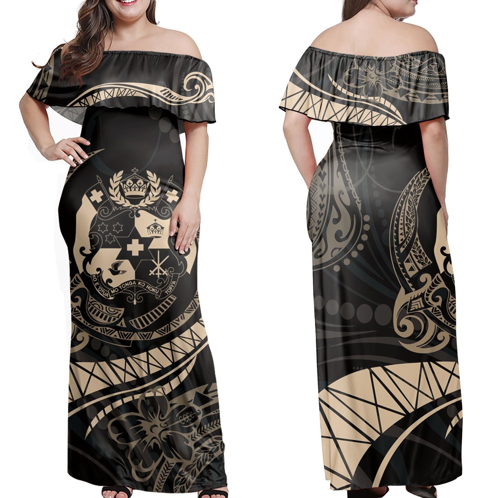 Polynesian Pride Dress - Tropical Leaf Tonga Coat Of Arms Polynesia Beige Off Shoulder Long Dress Long Dress Beige - Polynesian Pride