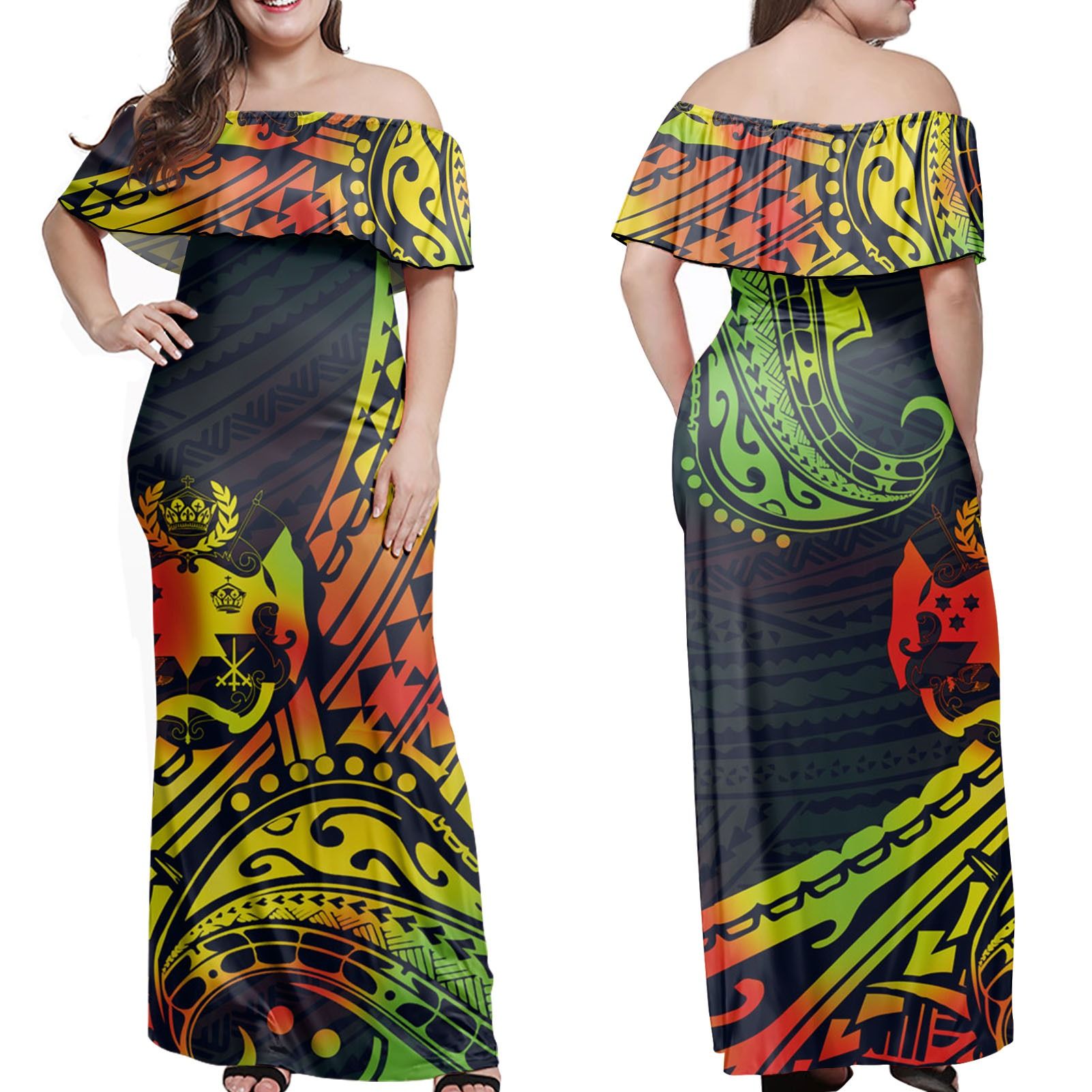 Polynesian Pride Dress - Sila Tonga Polynesian Pattern Reggae Off Shoulder Long Dress Long Dress Reggae - Polynesian Pride