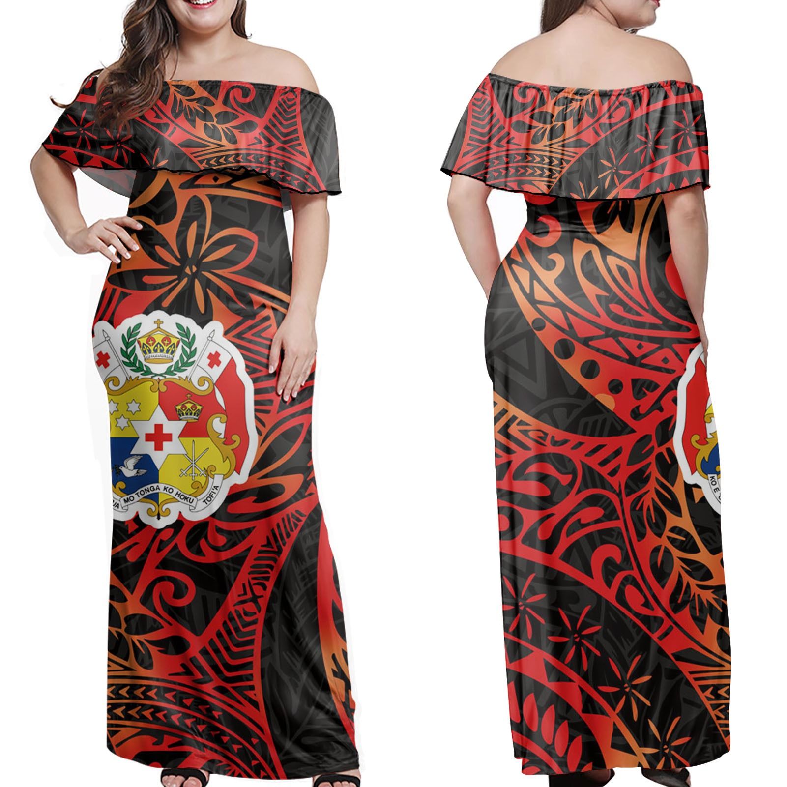 Polynesian Pride Dress - Tonga Coat Of Arms Polynesian Traditional Red Off Shoulder Long Dress Long Dress Red - Polynesian Pride