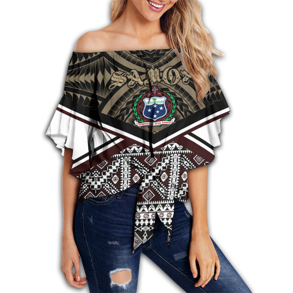 Polynesian Pride Clothing - Samoa Masi Dobby Coat Of Arms Off Shoulder Wrap Waist Top Women Brown - Polynesian Pride