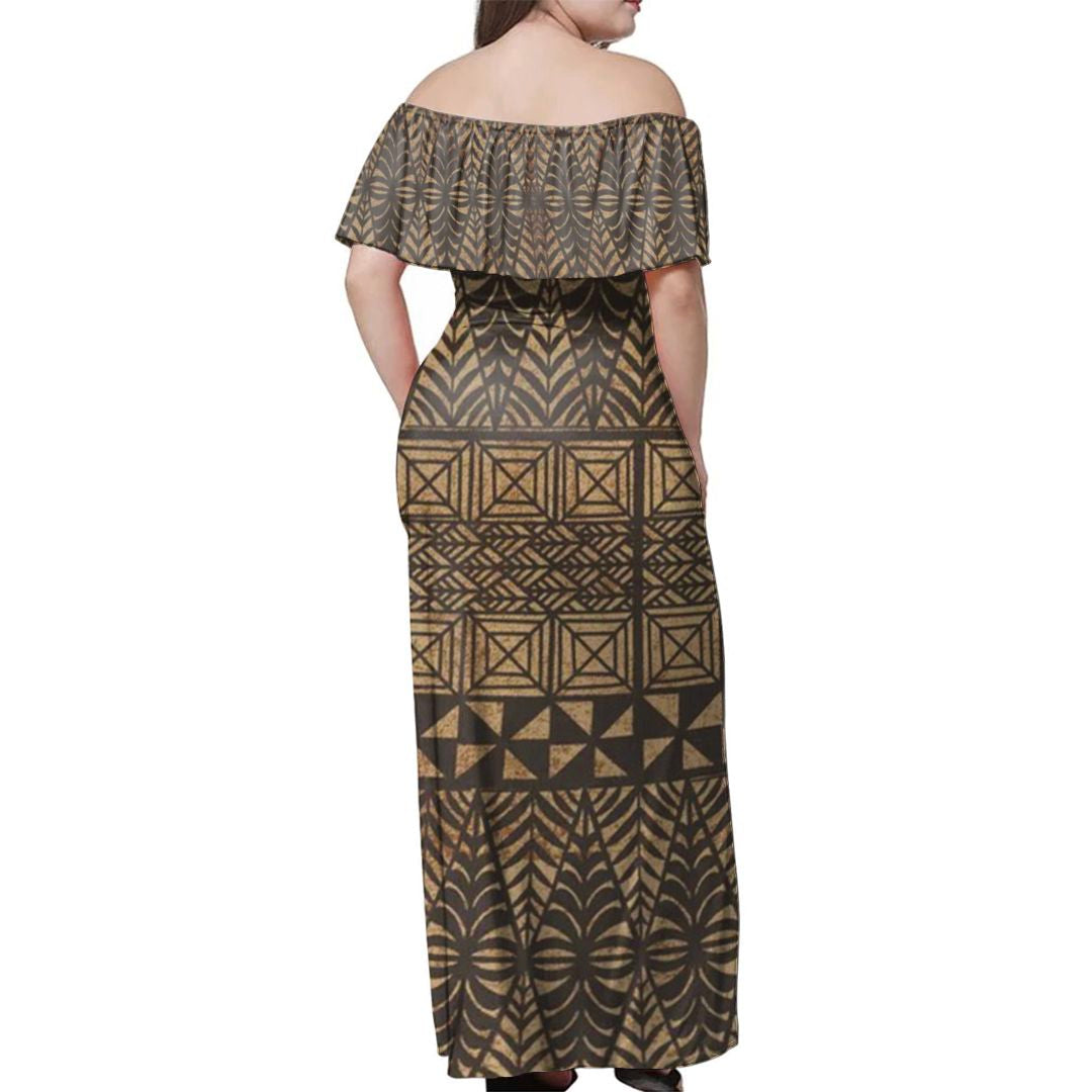 Polynesian Pride Dress - Tongan Ngatu Simple Off Shoulder Long Dress - Polynesian Pride