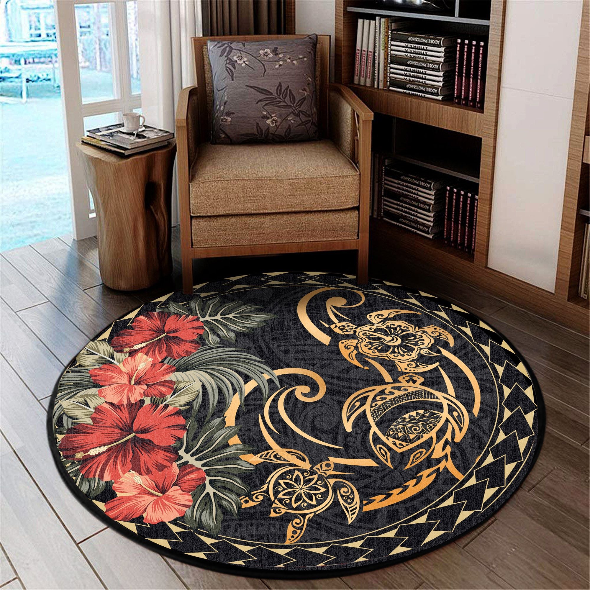 Polynesian Pride Home Set - Polynesian Hibiscus Turtle Round Carpet Round Carpet Black - Polynesian Pride