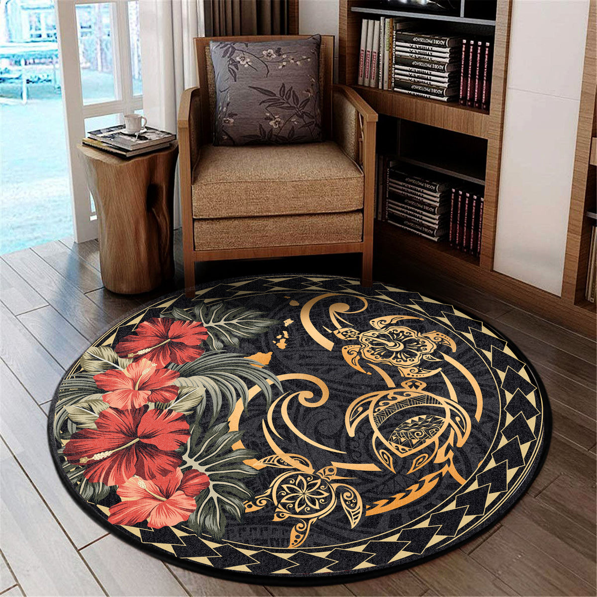 Polynesian Pride Home Set - Hawaii Polynesian Map Turtle Round Carpet Round Carpet Black - Polynesian Pride