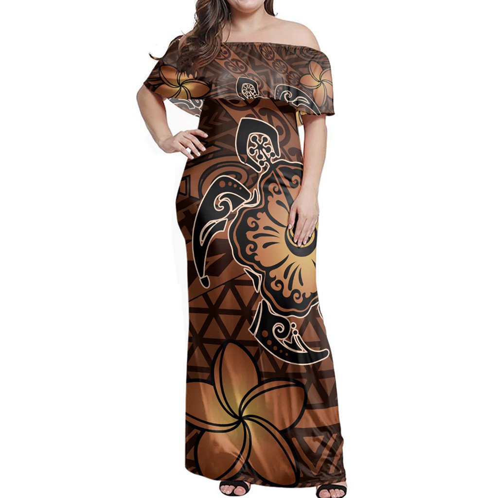 Polynesian Pride Dress - Hawaii Mix Polynesian Turtle Plumeria Nick Style Orange Off Shoulder Long Dress Long Dress Brown - Polynesian Pride