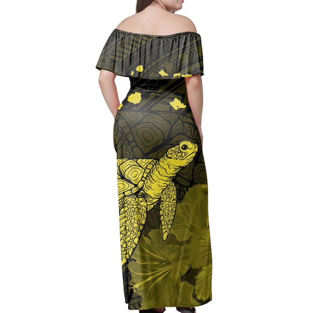 Polynesian Pride Dress - Hawaii Polynesian Hibiscus Turtle Map Yellow Off Shoulder Long Dress - Polynesian Pride