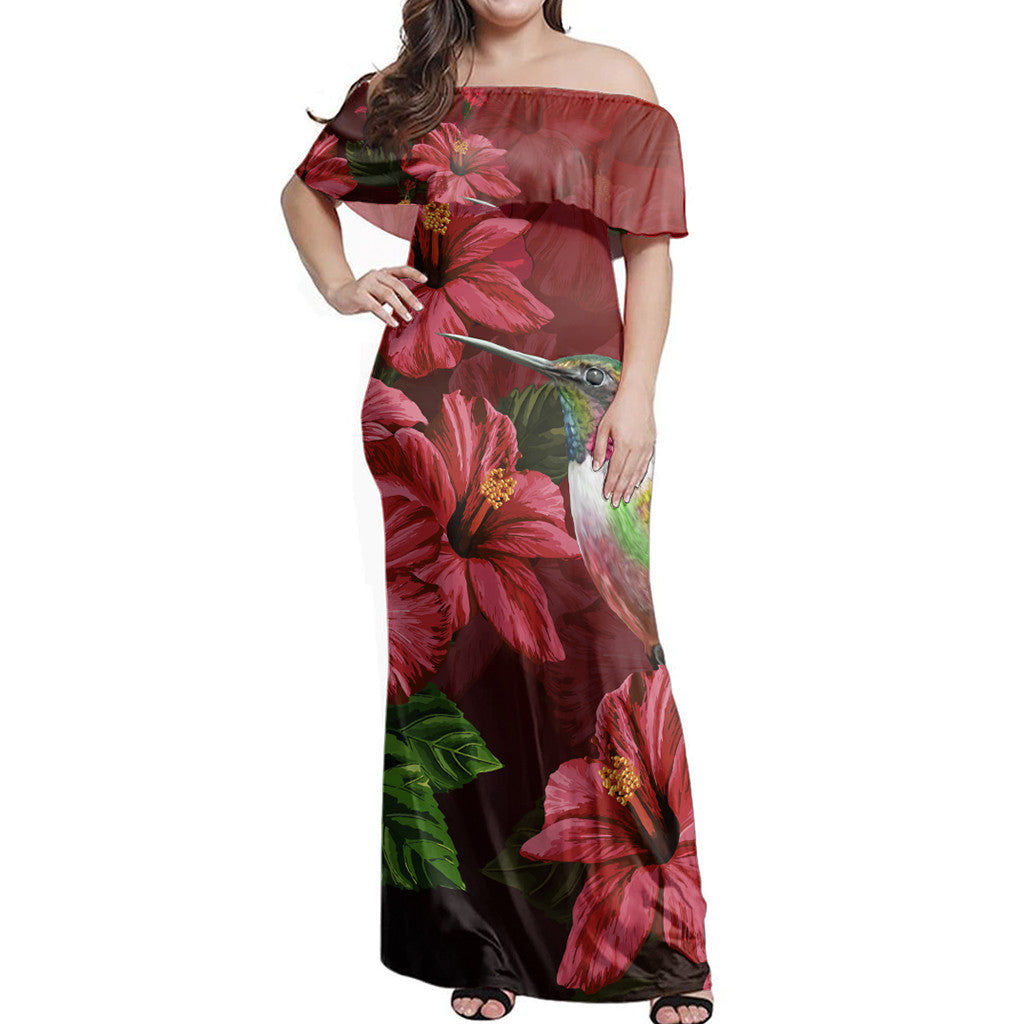 Polynesian Pride Dress - Hawaii Red Hibiscus Humming Bird Off Shoulder Long Dress Long Dress Red - Polynesian Pride