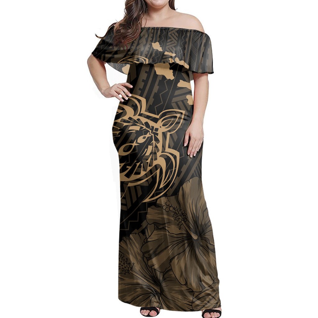 Polynesian Pride Dress - Hawaiian Hibiscus Sea Turtle Swim Polynesian Gold Off Shoulder Long Dress Long Dress Black - Polynesian Pride