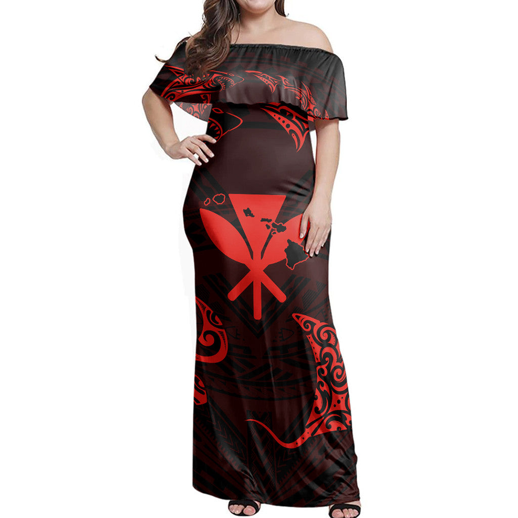 Polynesian Pride Dress - Polynesian Turtle Hammerhead Shark Ray Kanaka Hawaii Circle Red Off Shoulder Long Dress Long Dress Red - Polynesian Pride