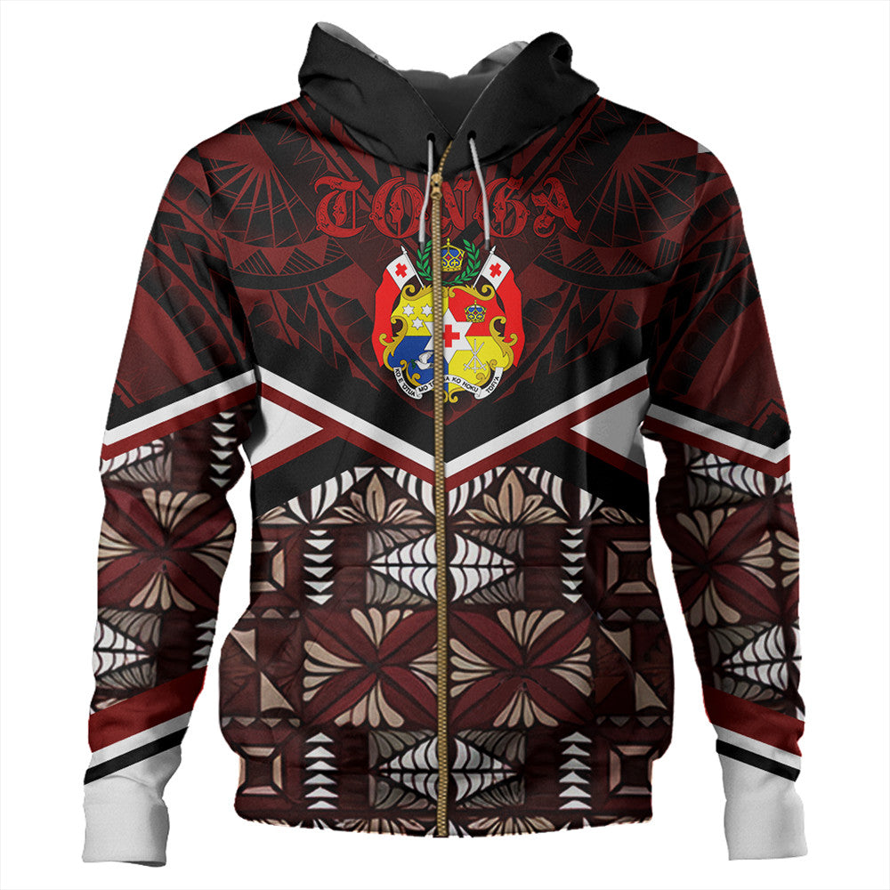 Polynesian Pride Hoodie Tonga Hoodie Tonga Ngatu Kupesi Coat of Arms Zip Hoodie Unisex Red - Polynesian Pride