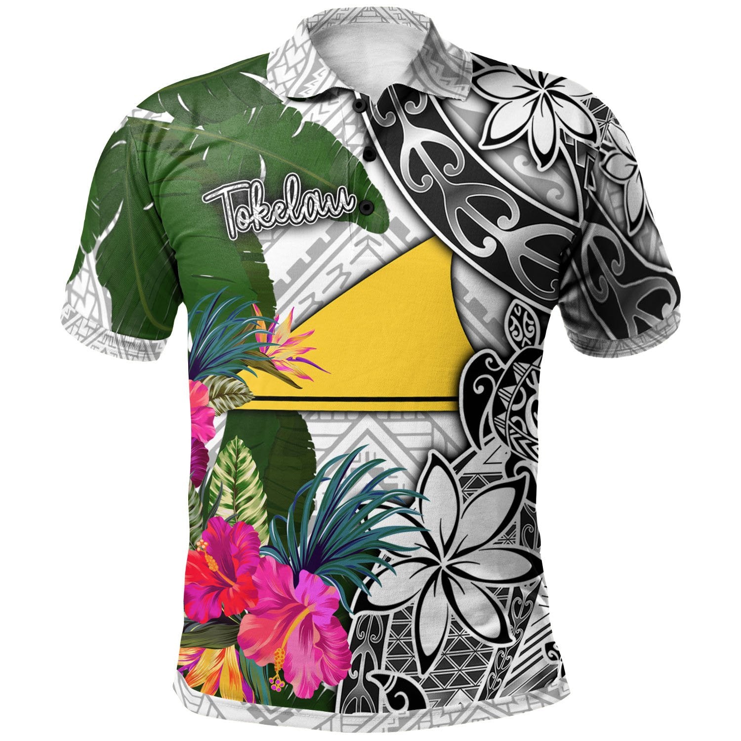 Polynesian Pride Apparel Tokelau Polo Shirt White Turtle Plumeria Banana Leaf Unisex Black - Polynesian Pride