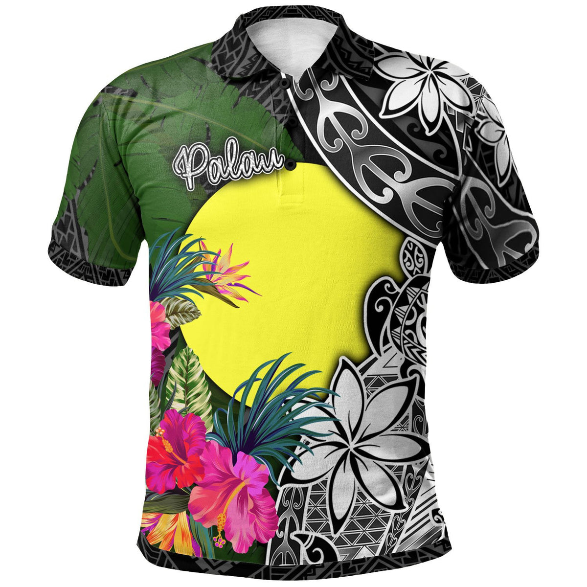 Polynesian Pride Apparel Palau Polo Shirt Turtle Plumeria Banana Leaf Unisex Black - Polynesian Pride