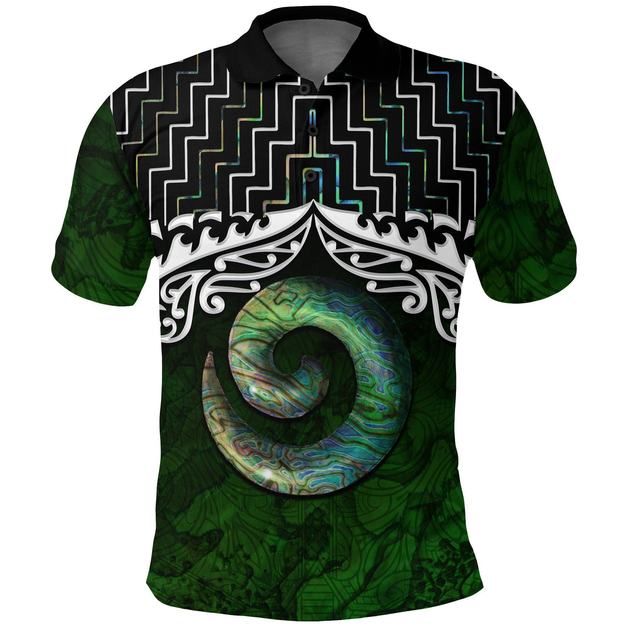 Polynesian Pride Apparel New Zealand Maori Polo Shirt, Poutama Koru Paua Shell Golf Shirt Unisex Green - Polynesian Pride