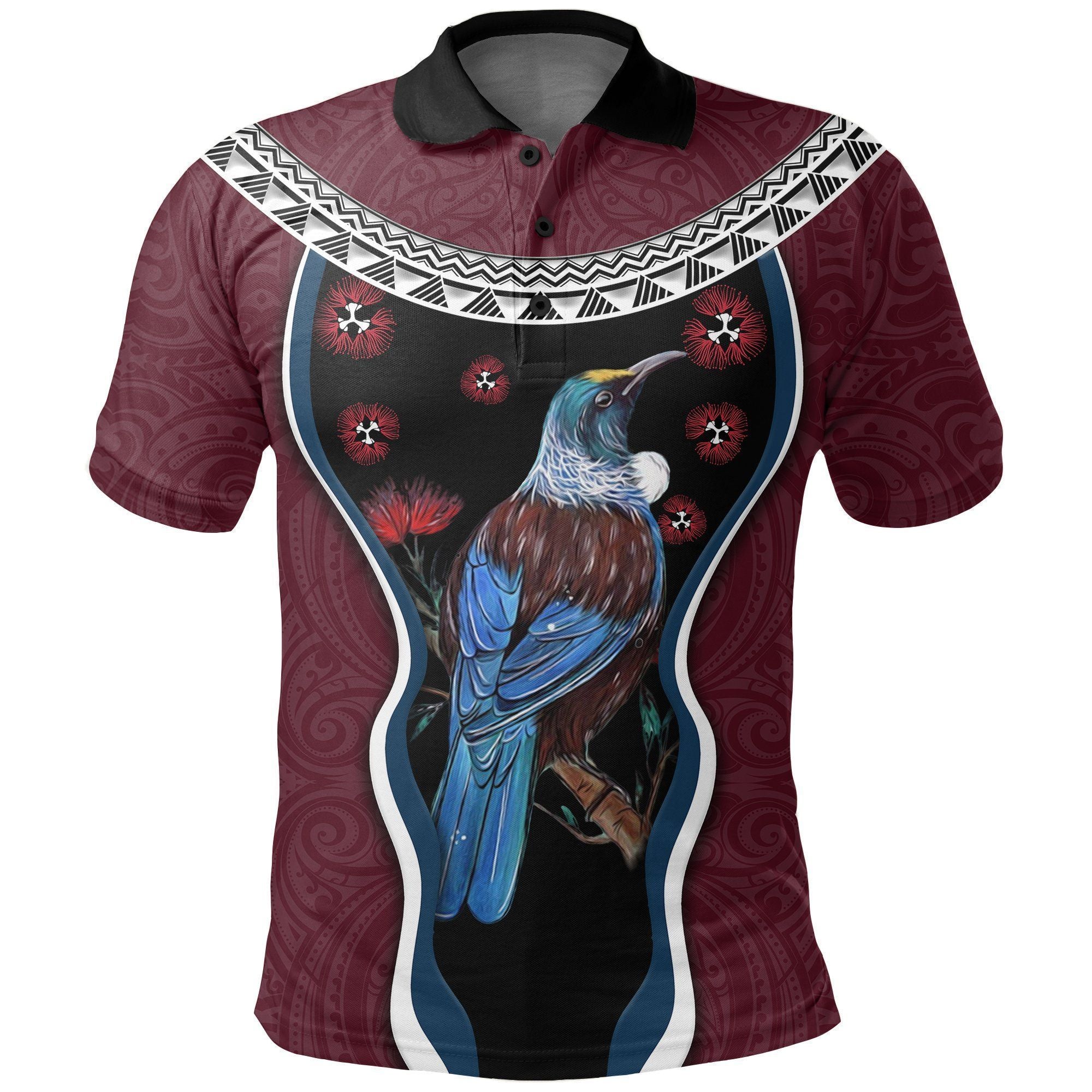 Polynesian Pride Apparel New Zealand Tui Bird Polo Shirt, Pohutukawa Burgundy Unisex Burgundy - Polynesian Pride