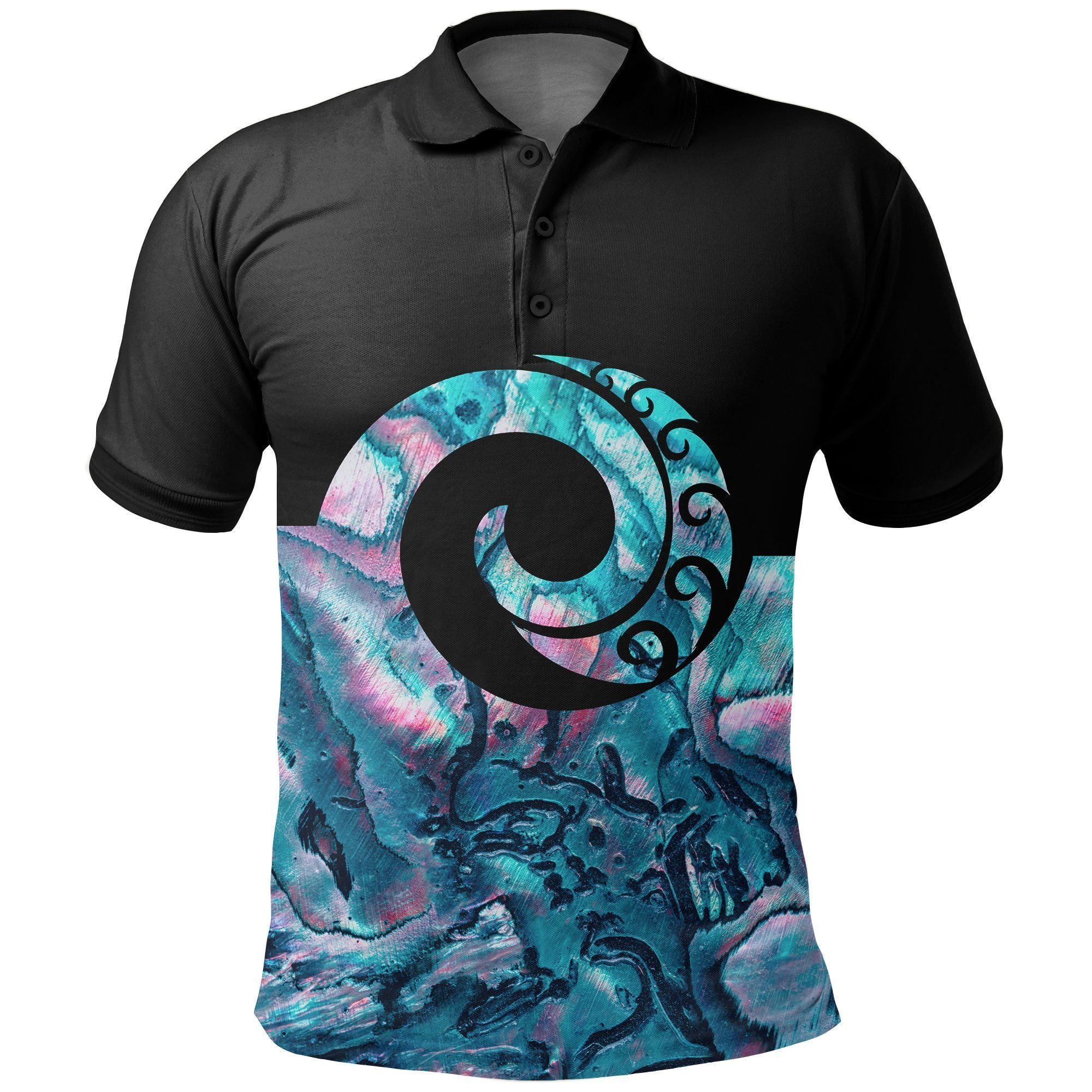 Polynesian Pride Apparel Koru New Zealand Polo Shirt, Paua Shell Golf Shirt 08 Unisex Black - Polynesian Pride