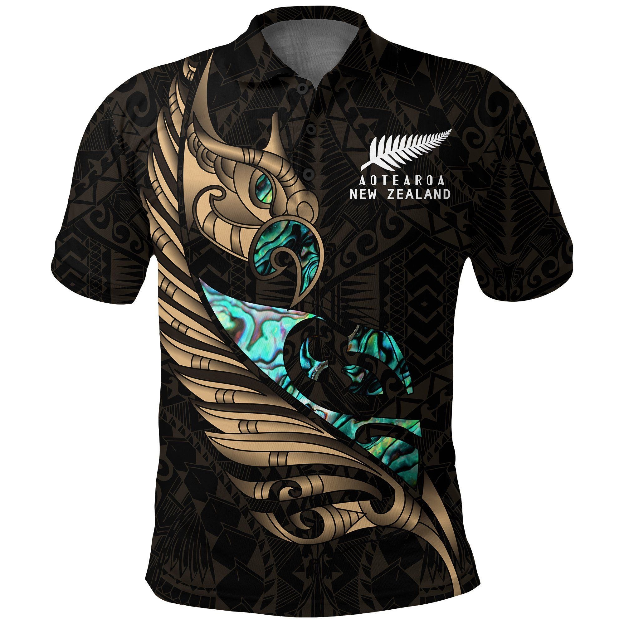 Polynesian Pride Apparel New Zealand Polo Shirt Manaia Paua Fern Wing Gold Unisex Gold - Polynesian Pride