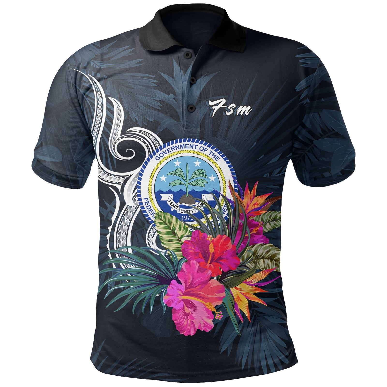 Polynesian Pride Apparel Federated States of Micronesia Polo Shirt Tropical Flower Unisex Blue - Polynesian Pride