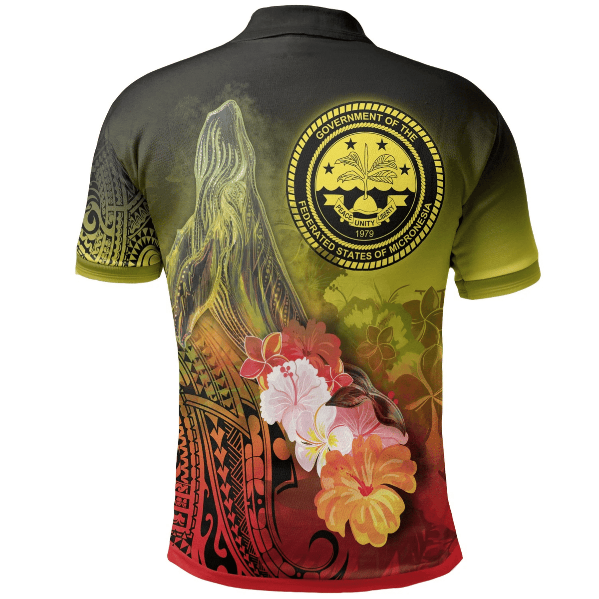 Polynesian Pride Apparel Fsm Polo Shirt Humpback Whale With Tropical Flowers (Yellow) - Polynesian Pride