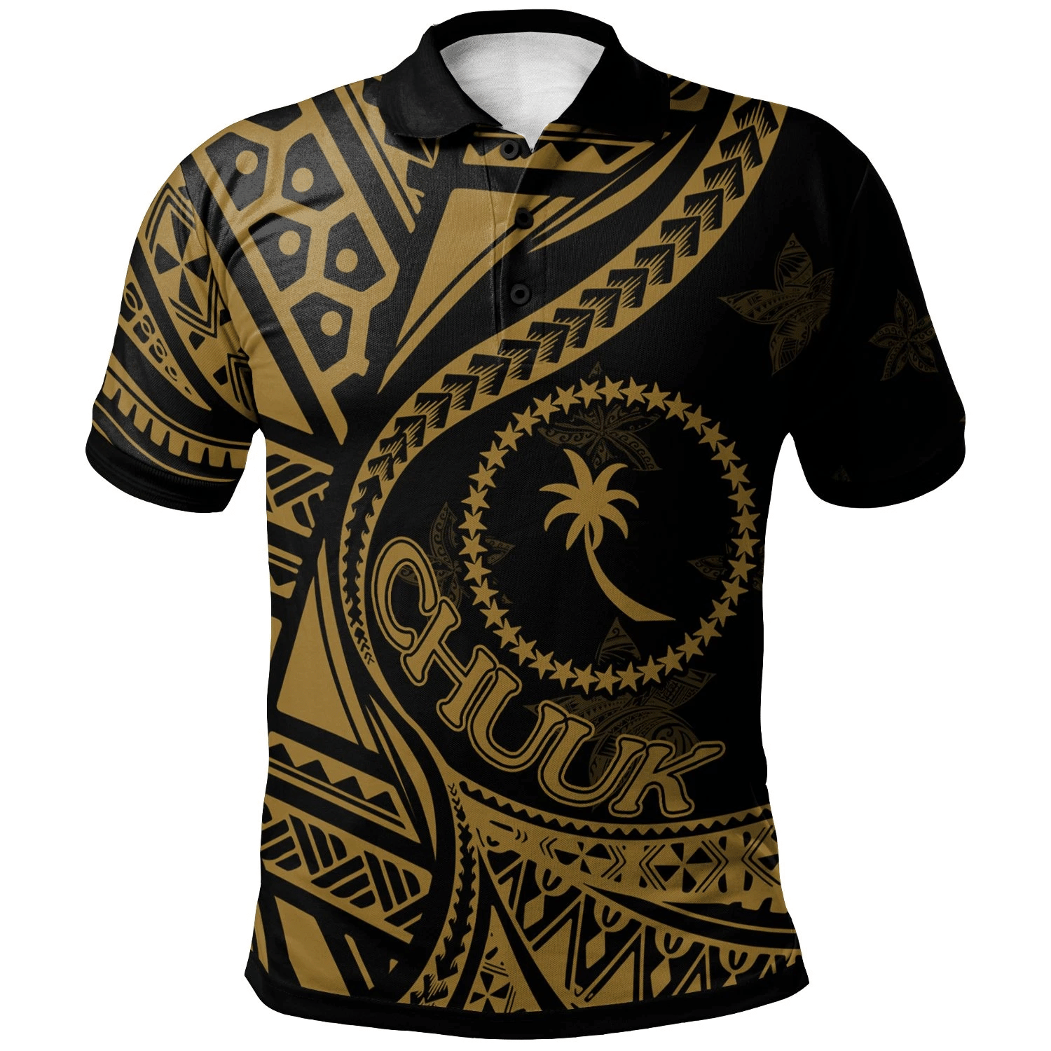 Polynesian Pride Apparel Chuuk Polo Shirt Plumeria Flowers Gold Version Unisex Black - Polynesian Pride