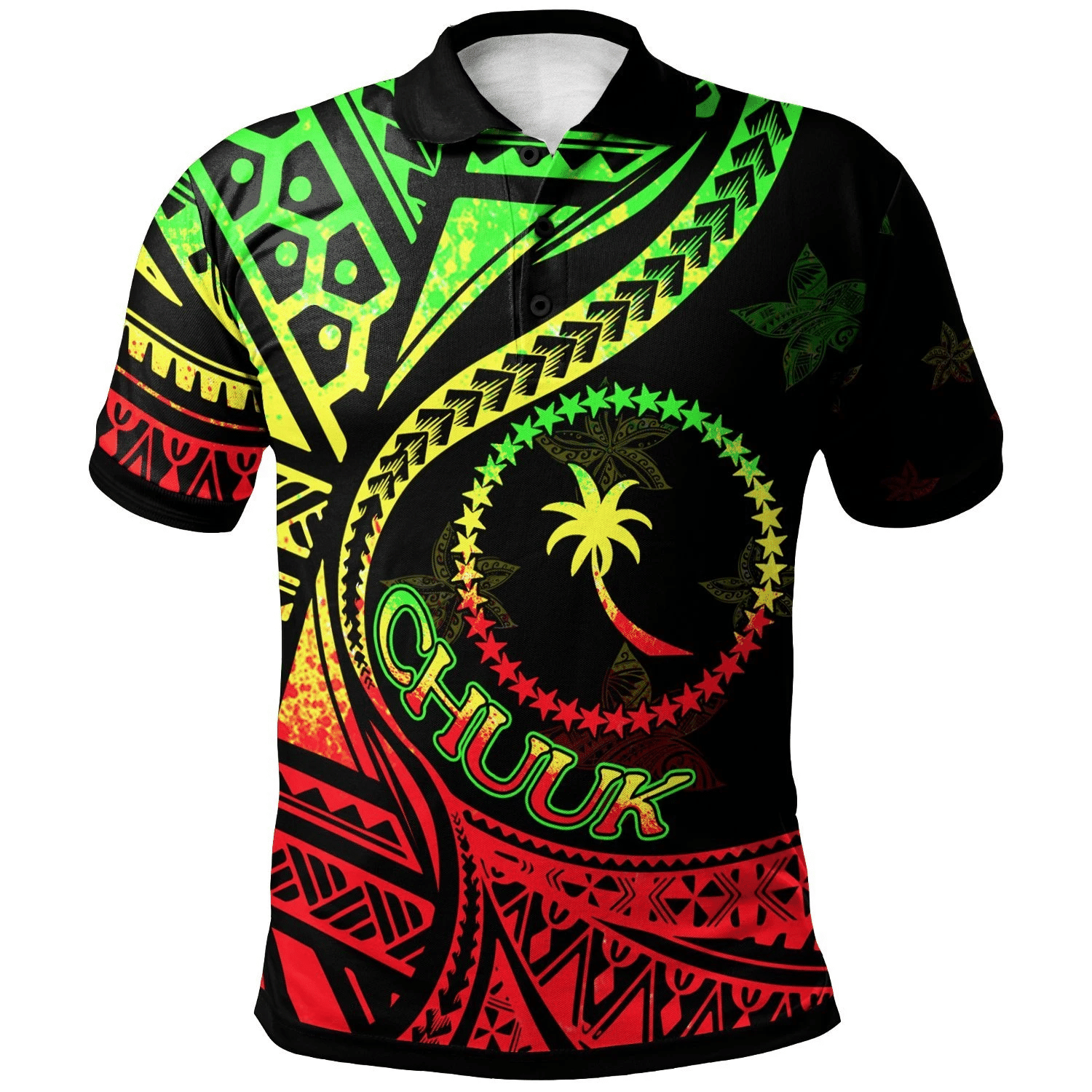 Polynesian Pride Apparel Chuuk Polo Shirt Plumeria Flowers Reggae Version Unisex Black - Polynesian Pride
