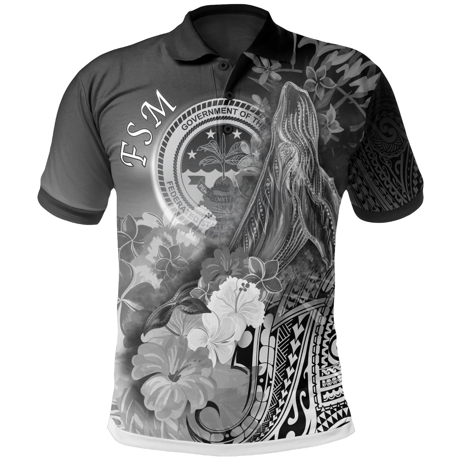 Polynesian Pride Apparel Fsm Polo Shirt Humpback Whale With Tropical Flowers (White) Unisex White - Polynesian Pride