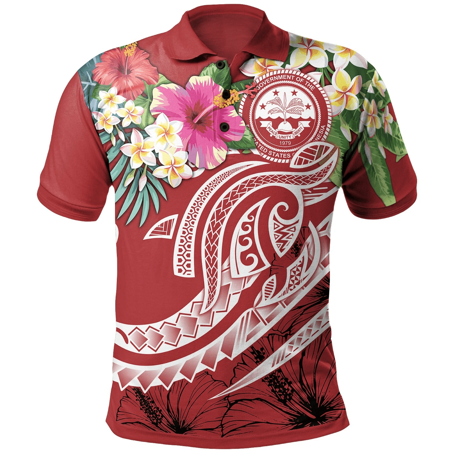 Polynesian Pride Apparel FSM Polynesian Polo Shirt Summer Plumeria (Red) Unisex Red - Polynesian Pride
