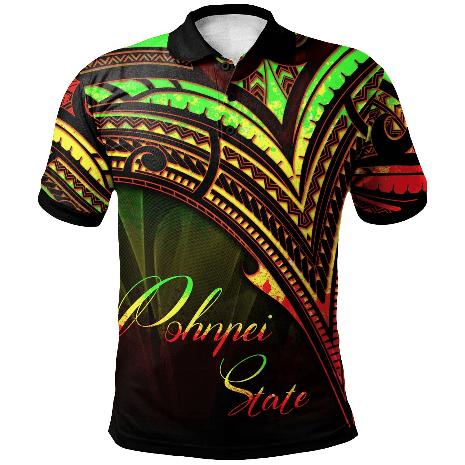 Polynesian Pride Apparel Pohnpei State Polo Shirt Reggae Color Cross Style Unisex Black - Polynesian Pride