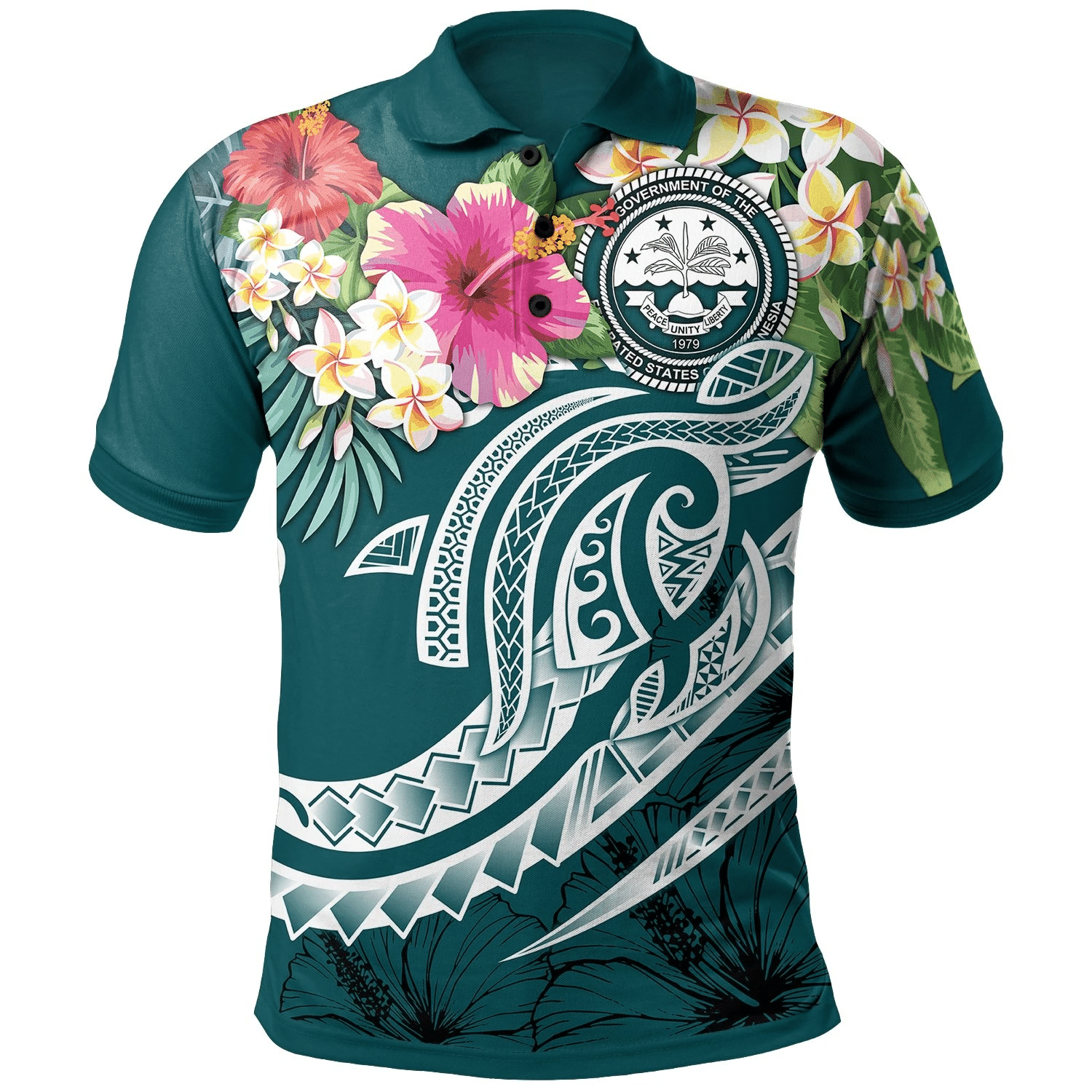 Polynesian Pride Apparel FSM Polynesian Polo Shirt Summer Plumeria (Turquoise) Unisex Turquoise - Polynesian Pride