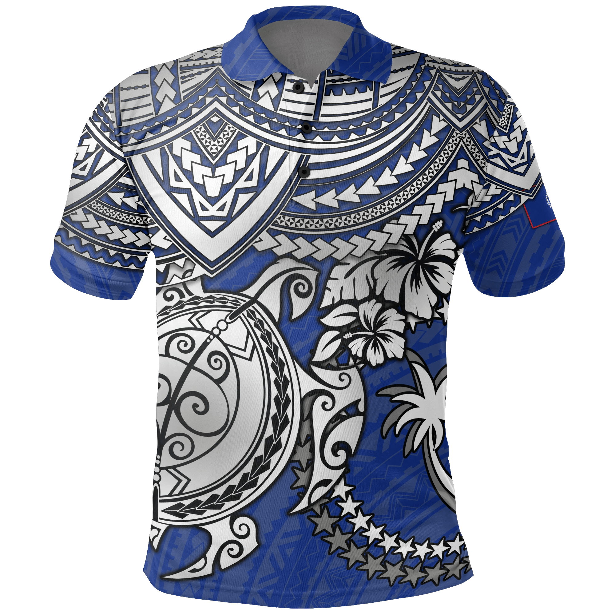 Polynesian Pride Apparel Chuuk Polo Shirt Chuuk FLag White Turtle Hibiscus (Blue) Unisex Blue - Polynesian Pride