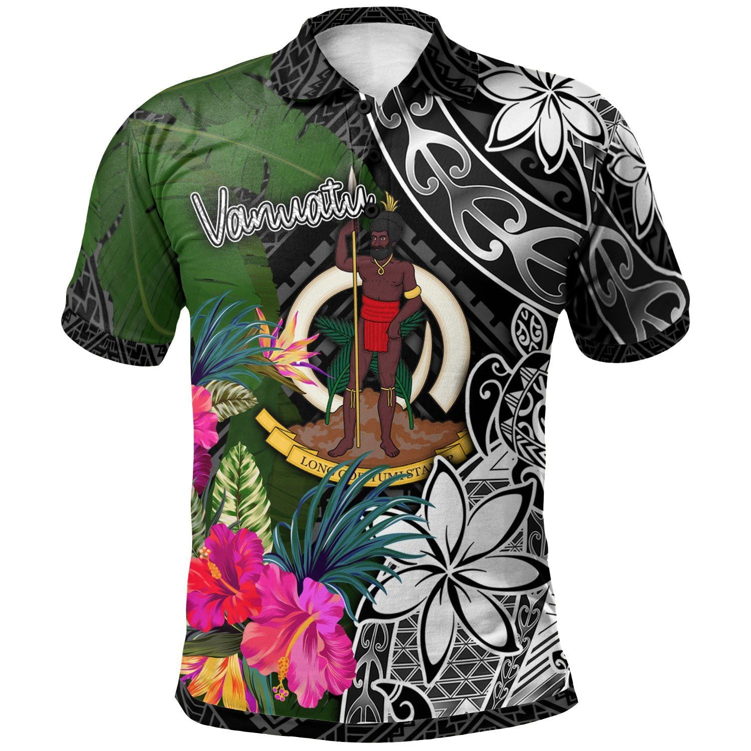 Polynesian Pride Apparel Vanuatu Polo Shirt Turtle Plumeria Banana Leaf Unisex Black - Polynesian Pride