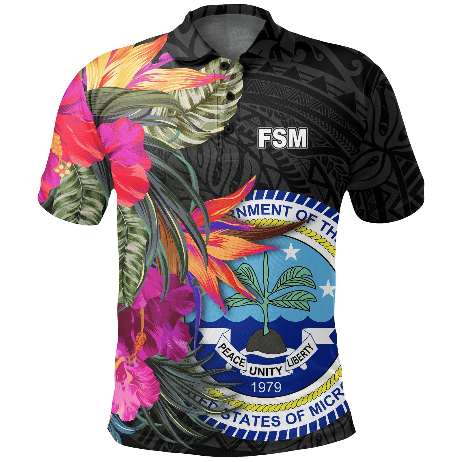Polynesian Pride Apparel Federated States of Micronesia Polo Shirt Hibiscus Polynesian Pattern Unisex Black - Polynesian Pride