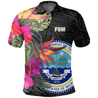 Polynesian Pride Apparel Federated States of Micronesia Polo Shirt Hibiscus Polynesian Pattern Unisex Black - Polynesian Pride
