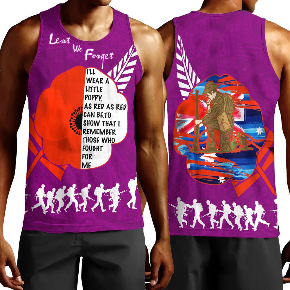 Polynesian Pride Clothing - New Zealand Anzac Red Poopy Purple Men Tank Top Black - Polynesian Pride